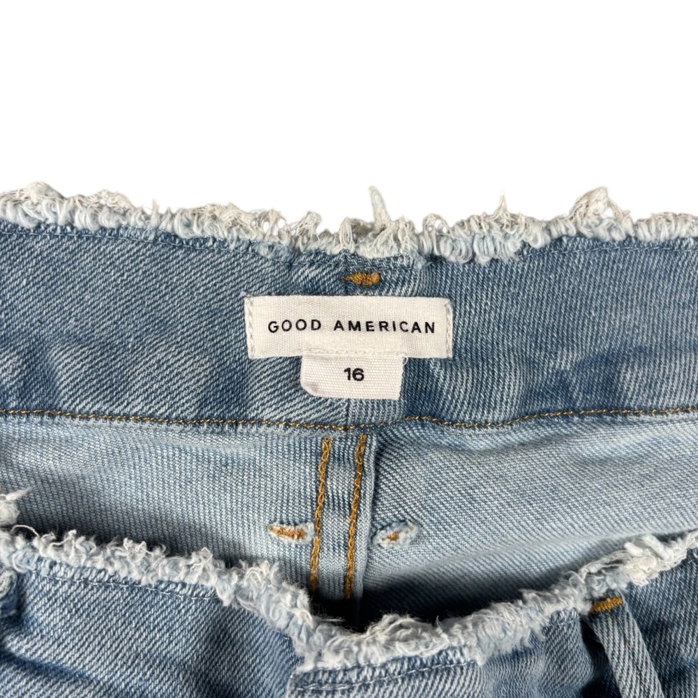 Good American Light Wash High Rise Flare Jeans Raw Hem Sz 16 Blue Denim festival - Picture 5 of 10